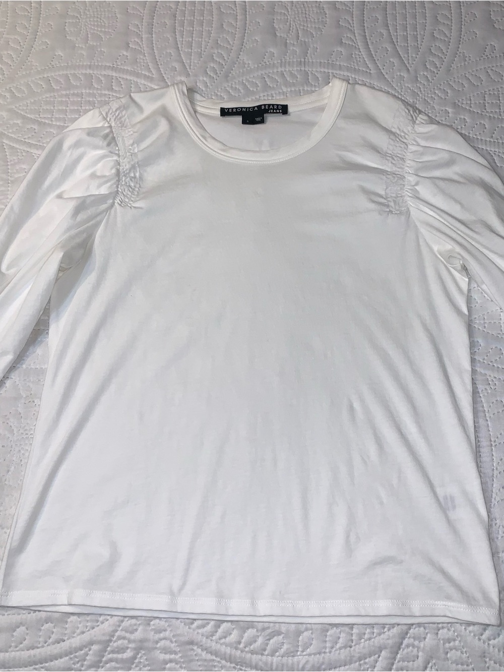 Veronica Beard Waldorf Ruched Sleeve Tee. White Pima Cotton. S - Picture 3 of 8